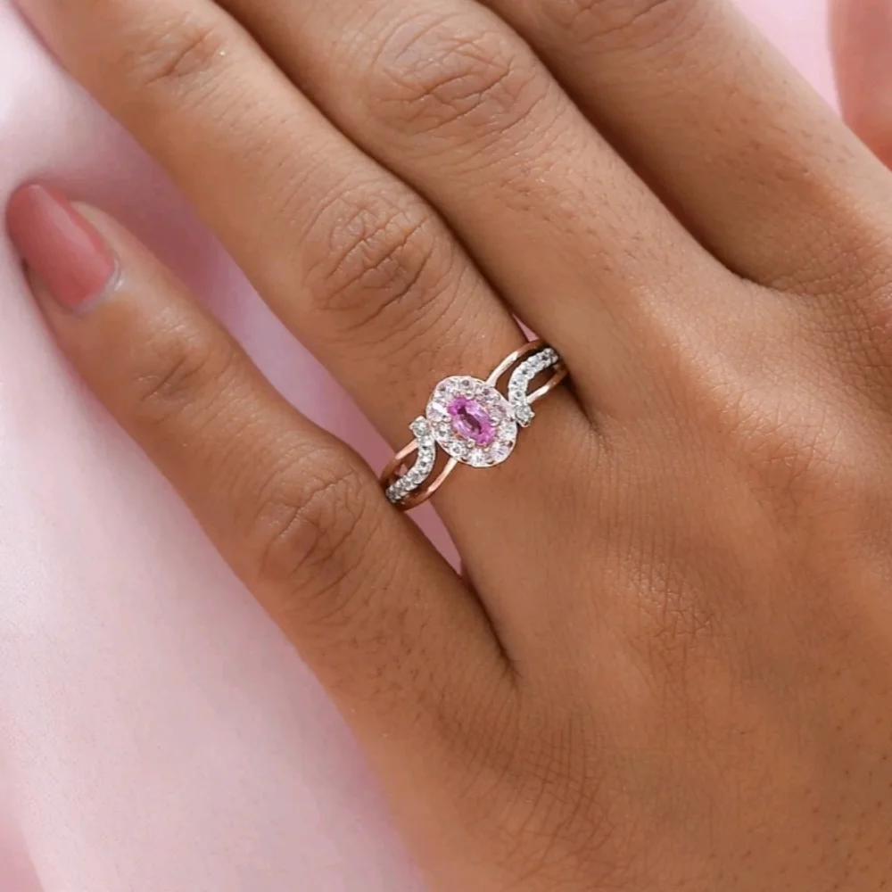 Natural Pink Sapphire & White Zircon Halo Ring in 14k Rose Gold/925 Size 7.5! - Picture 5 of 9